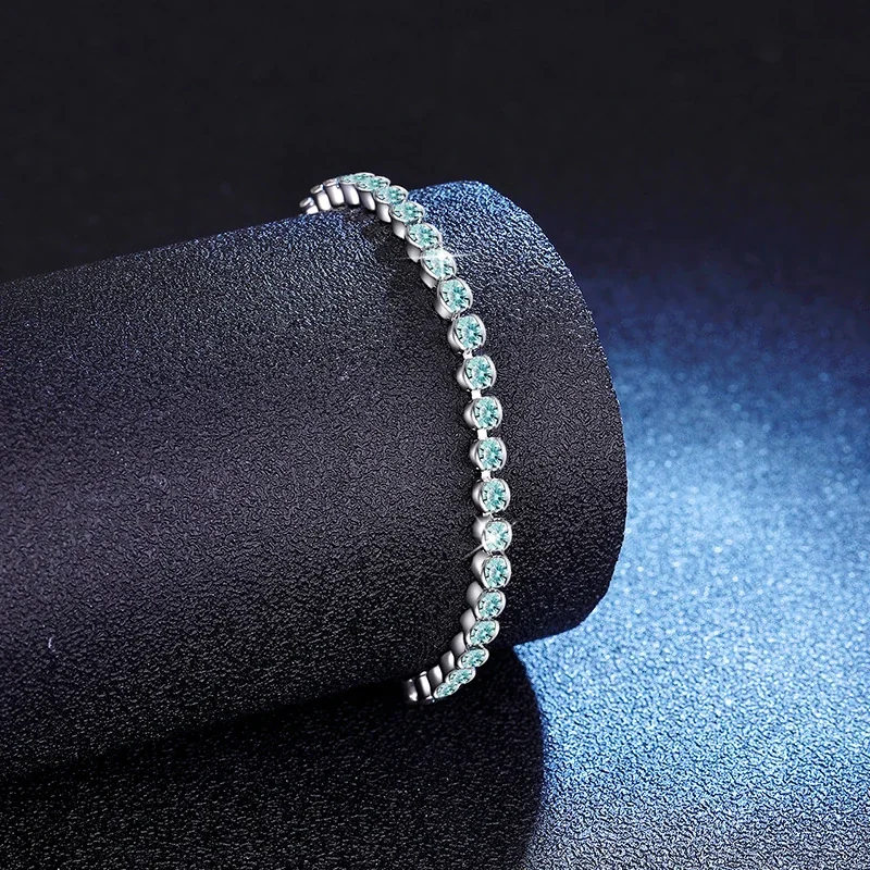 Aqua Round Moissanite Slider 925 Sterling Silver Bracelet