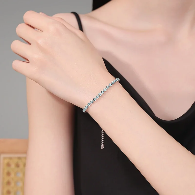 Aqua Round Moissanite Slider 925 Sterling Silver Bracelet