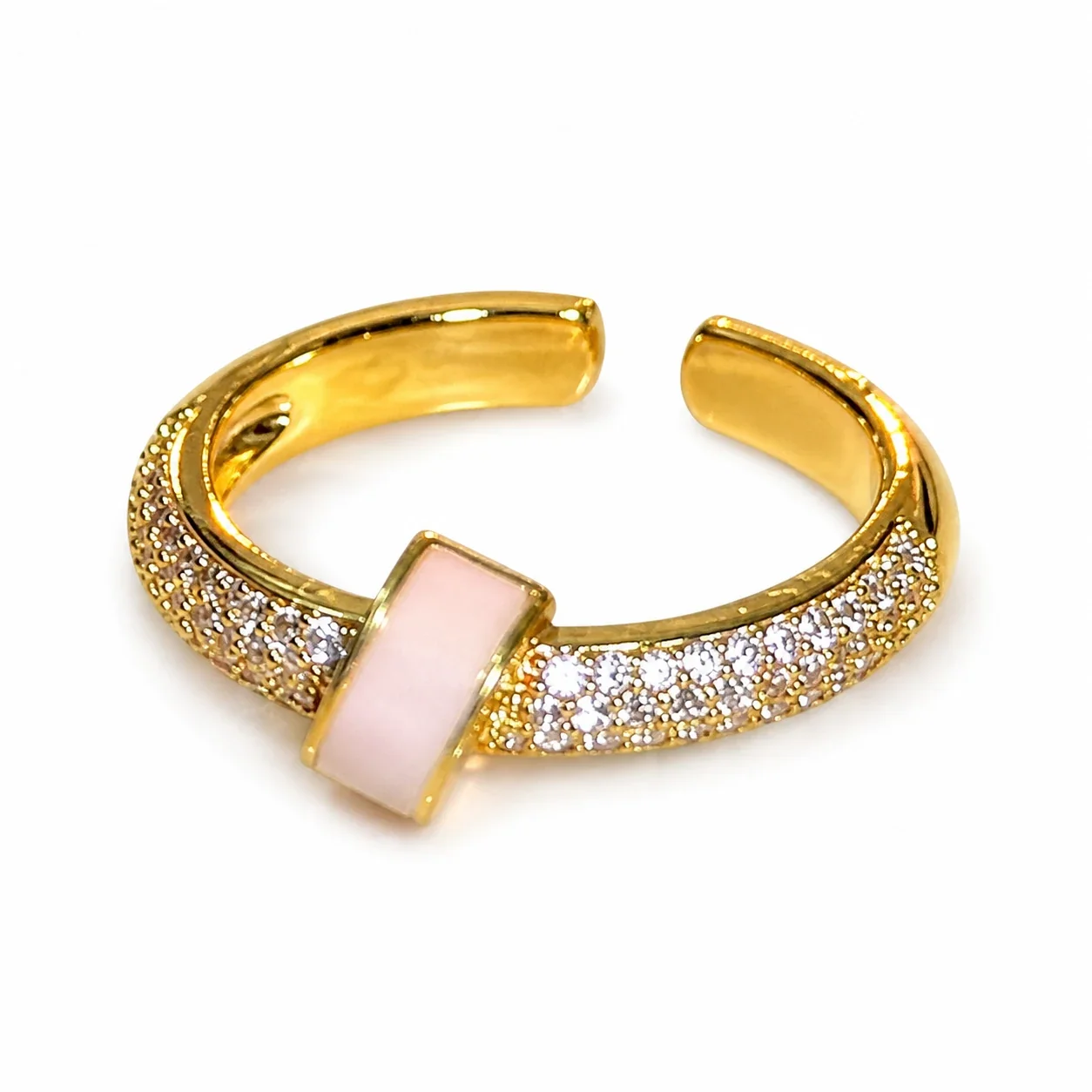 Delicate Gold-Plated Copper Pavé CZ Shell-Panel Open Ring
