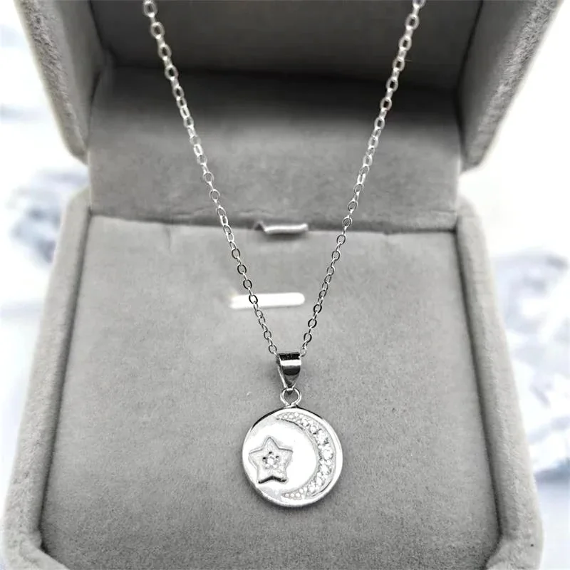 Celestial 925 Sterling Silver CZ Crescent Star Pendant