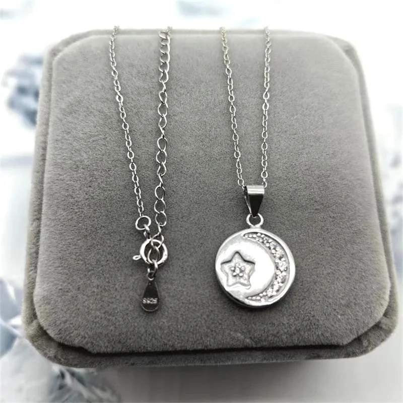 Celestial 925 Sterling Silver CZ Crescent Star Pendant
