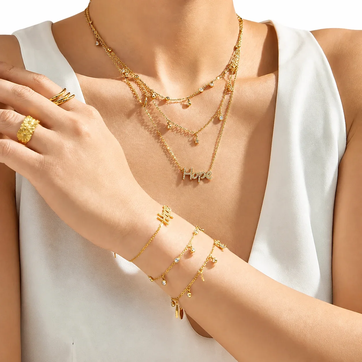 Delicate Gold-Plated Bezel CZ Charm Stainless Steel Bracelet