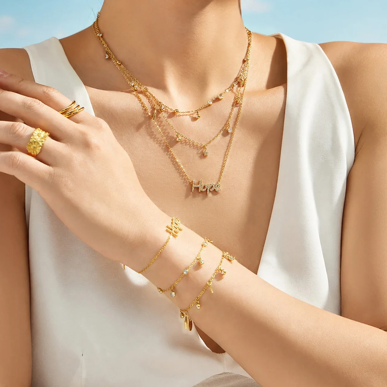 Delicate Gold-Plated Bezel CZ Charm Stainless Steel Bracelet