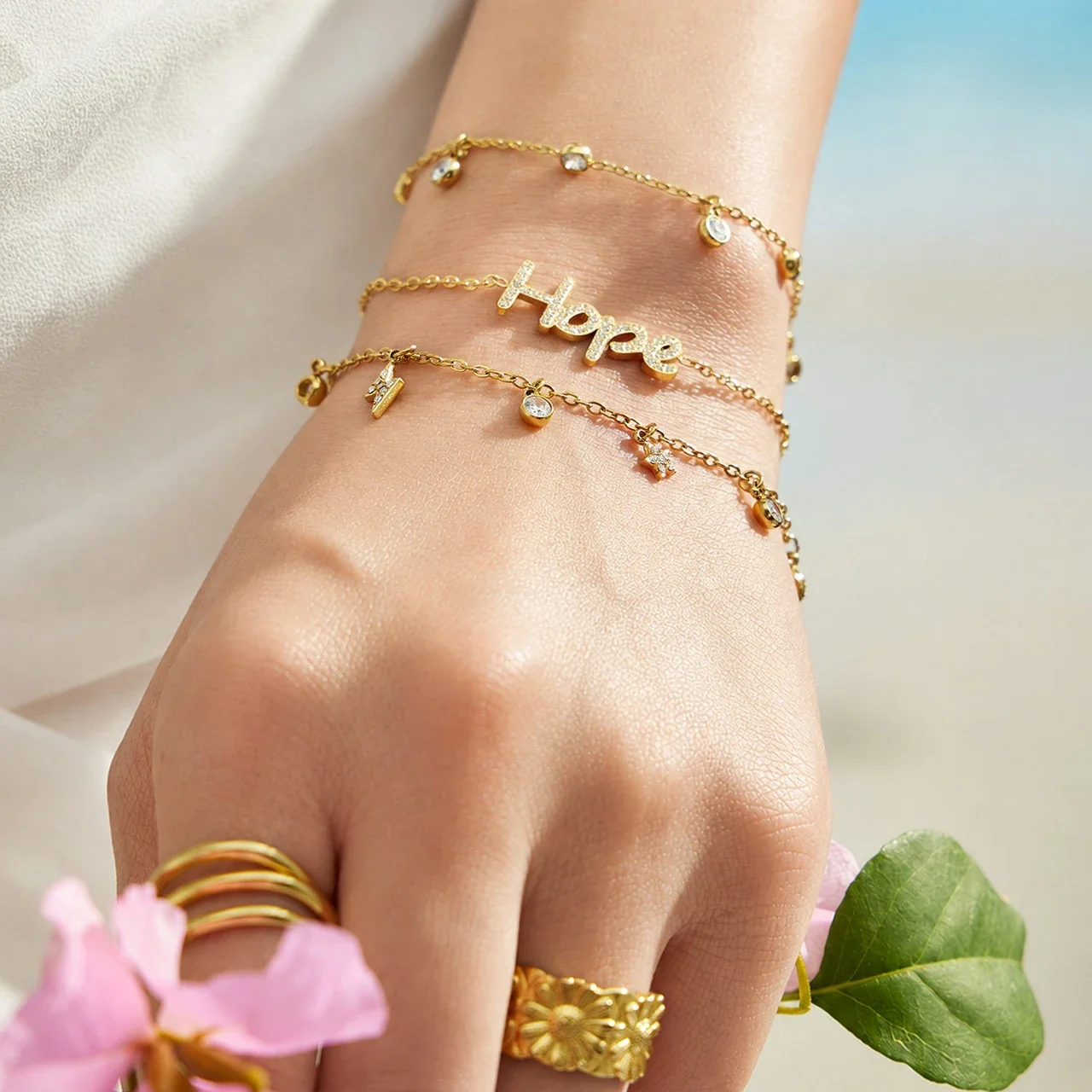 Delicate Gold-Plated Bezel CZ Charm Stainless Steel Bracelet