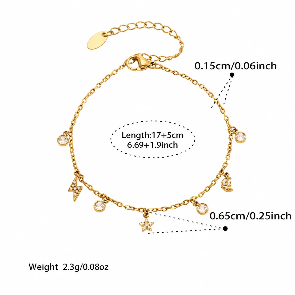 Delicate Gold-Plated Bezel CZ Charm Stainless Steel Bracelet - Gold Star Moon Lightning 17+5 cm