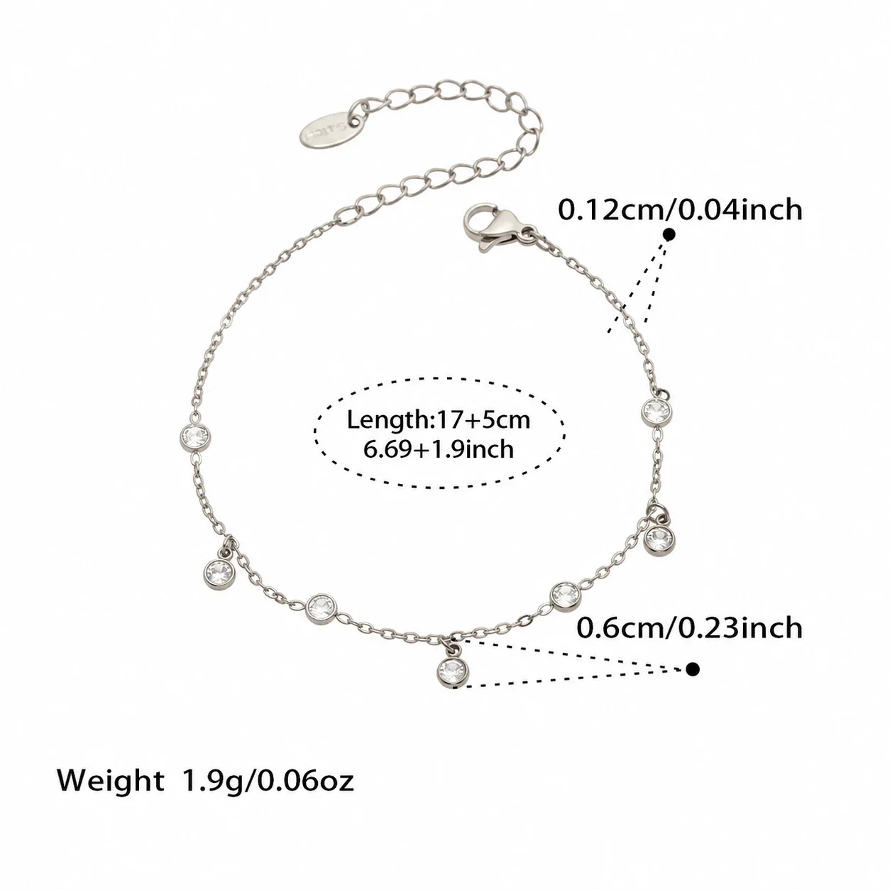 Delicate Gold-Plated Bezel CZ Charm Stainless Steel Bracelet - Silver Round CZ 17+5 cm