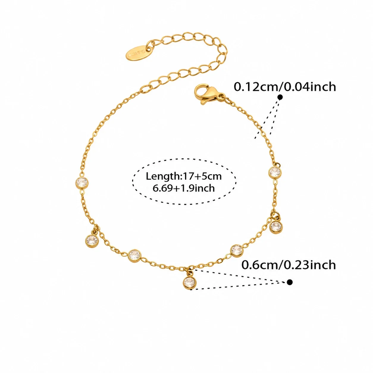 Delicate Gold-Plated Bezel CZ Charm Stainless Steel Bracelet - Gold Round CZ 17+5 cm