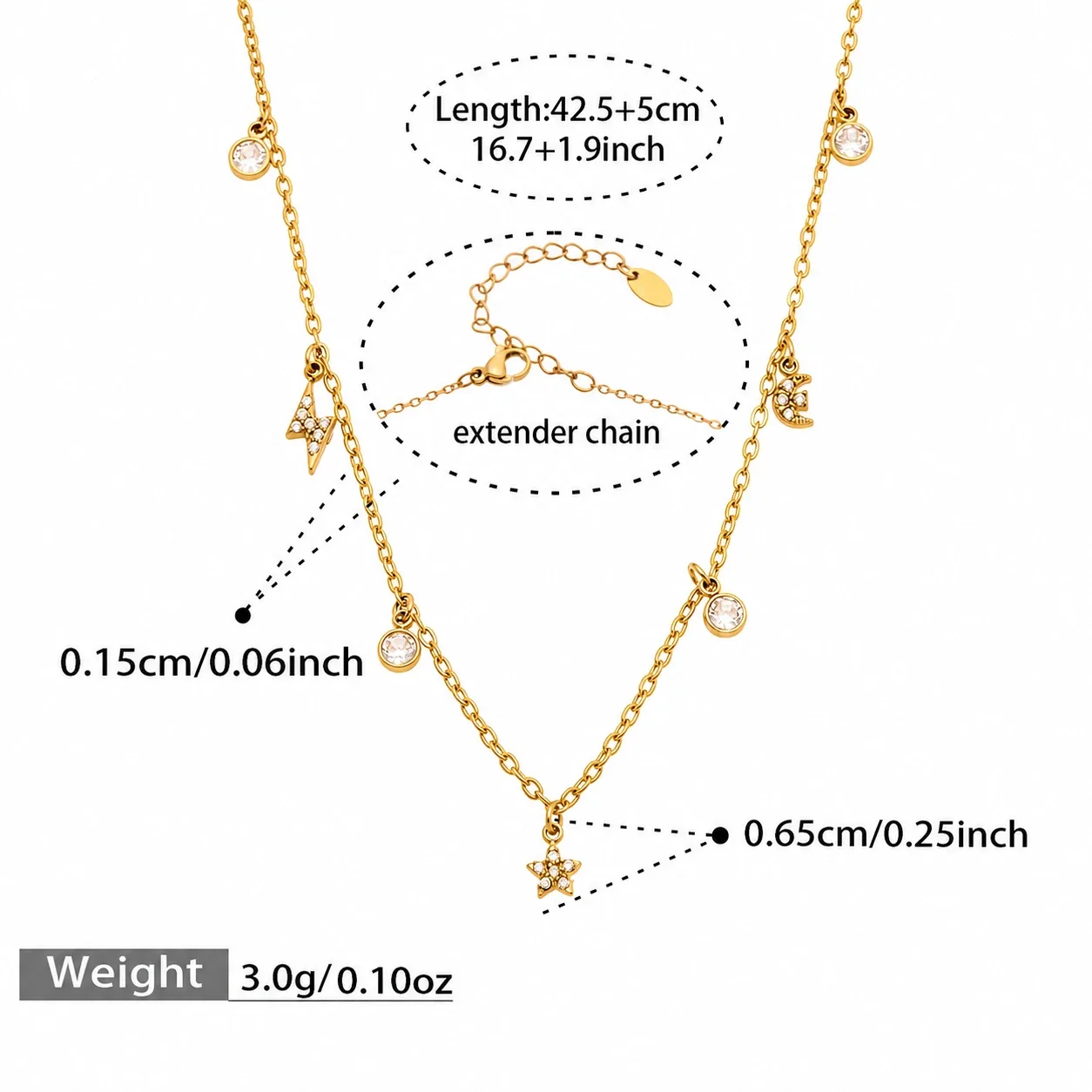 Delicate Gold-Plated Bezel CZ Charm Stainless Steel Bracelet - Gold Star Moon Lightning 42.5+5 cm