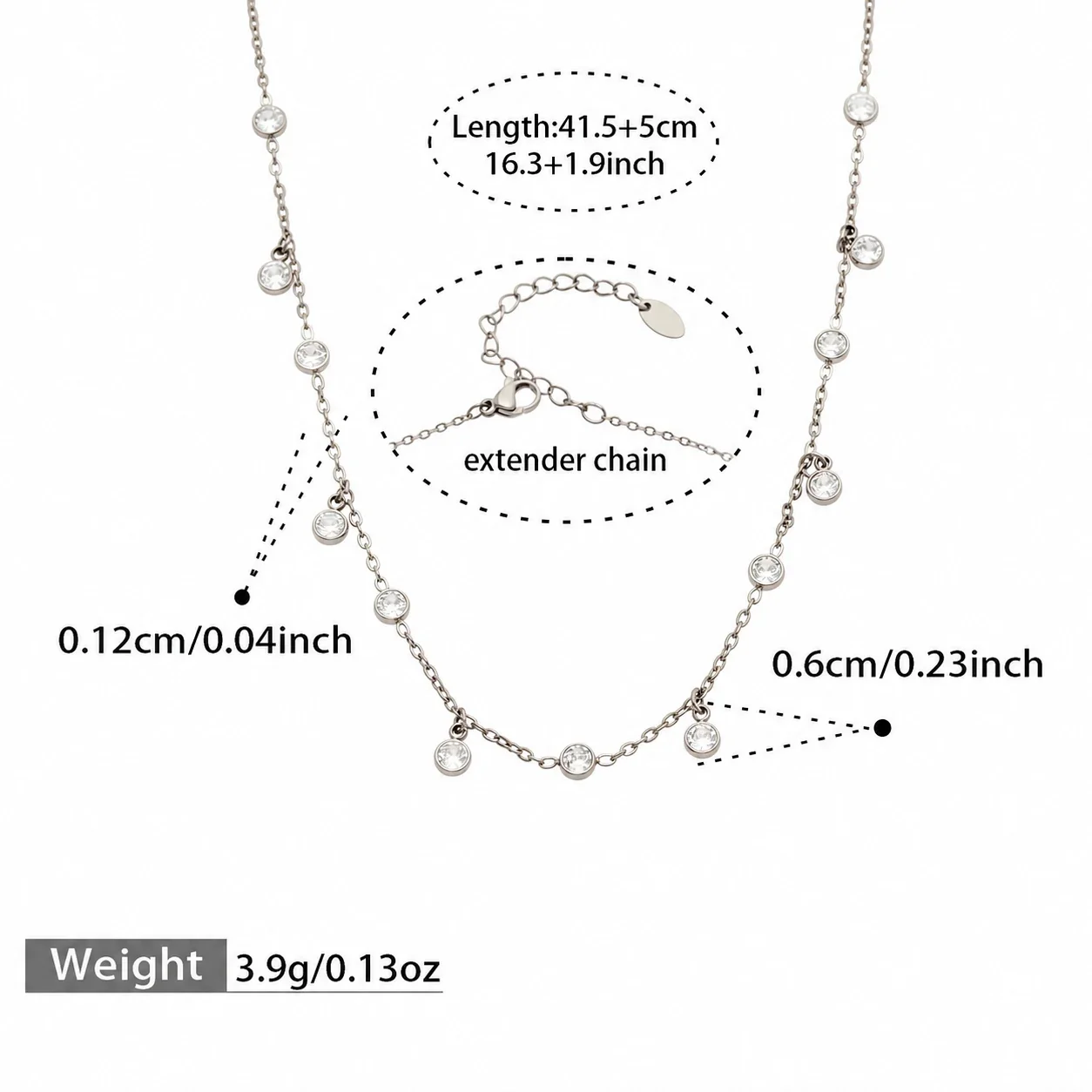 Delicate Gold-Plated Bezel CZ Charm Stainless Steel Bracelet - Silver Round CZ 41.5+5 cm