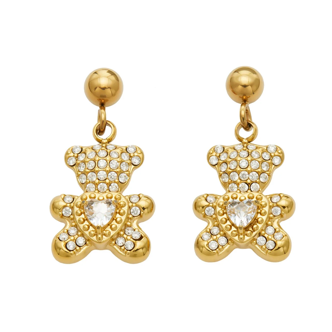 Playful Gold-Plated Stainless Steel Teddy CZ Drop Earrings