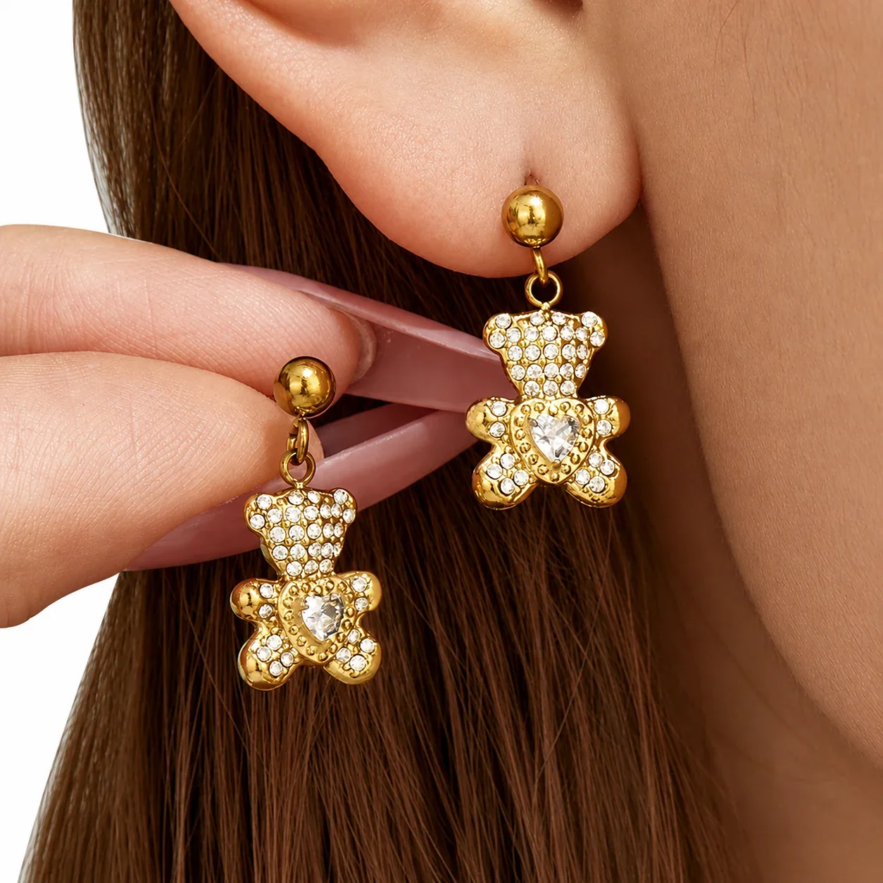 Playful Gold-Plated Stainless Steel Teddy CZ Drop Earrings