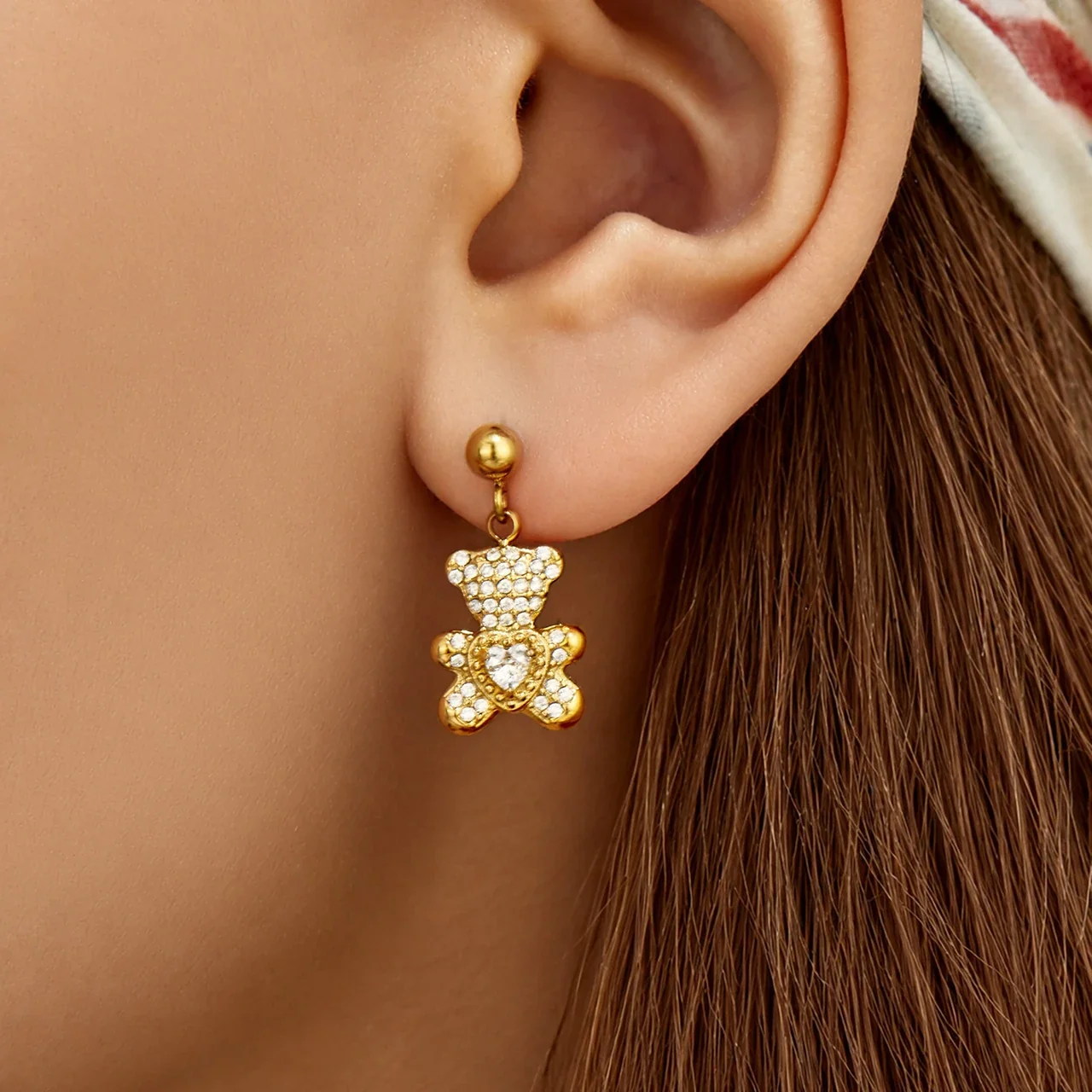 Playful Gold-Plated Stainless Steel Teddy CZ Drop Earrings