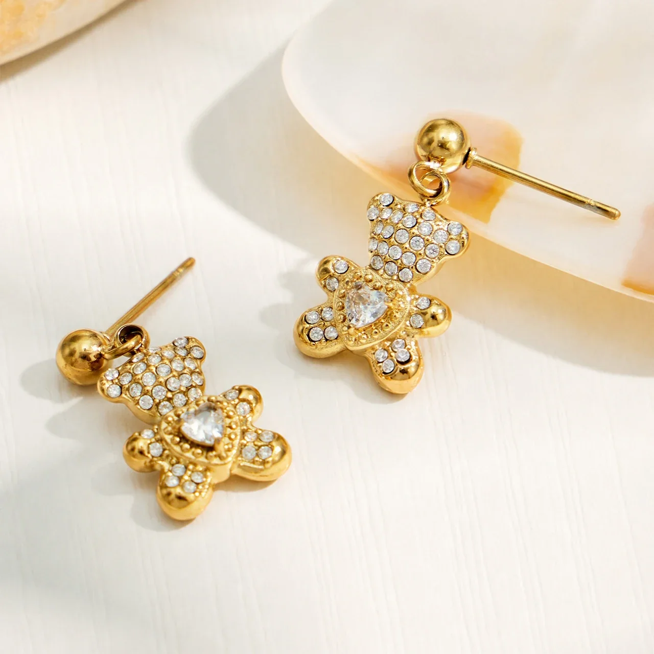 Playful Gold-Plated Stainless Steel Teddy CZ Drop Earrings