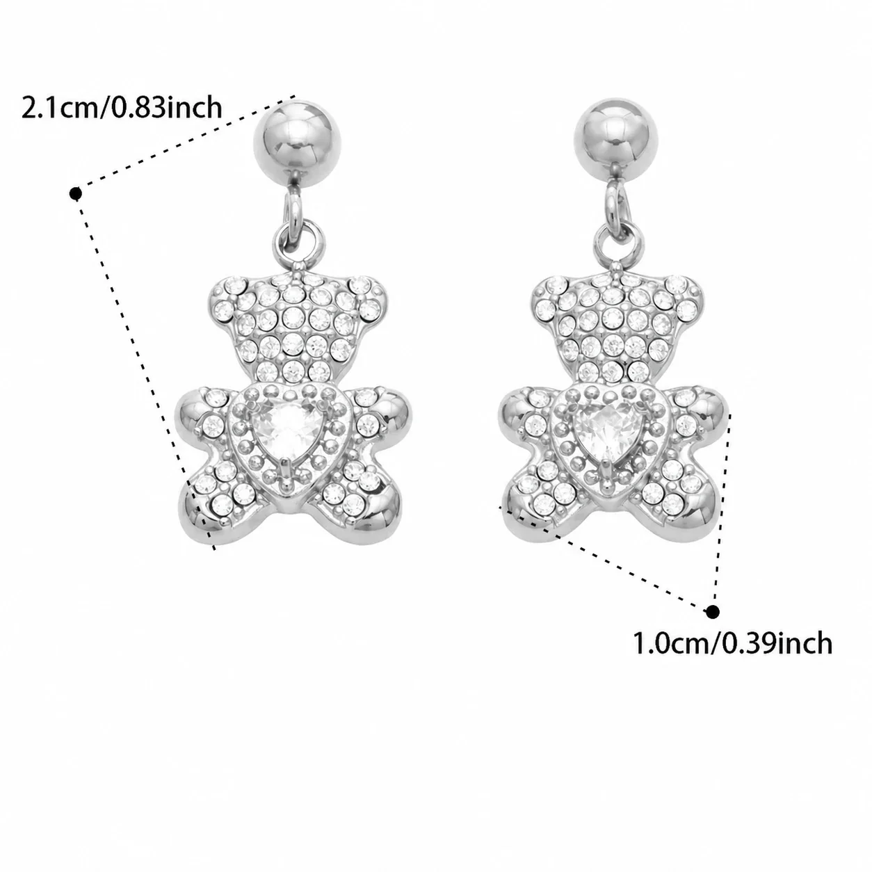 Playful Gold-Plated Stainless Steel Teddy CZ Drop Earrings - Silver Teddy CZ