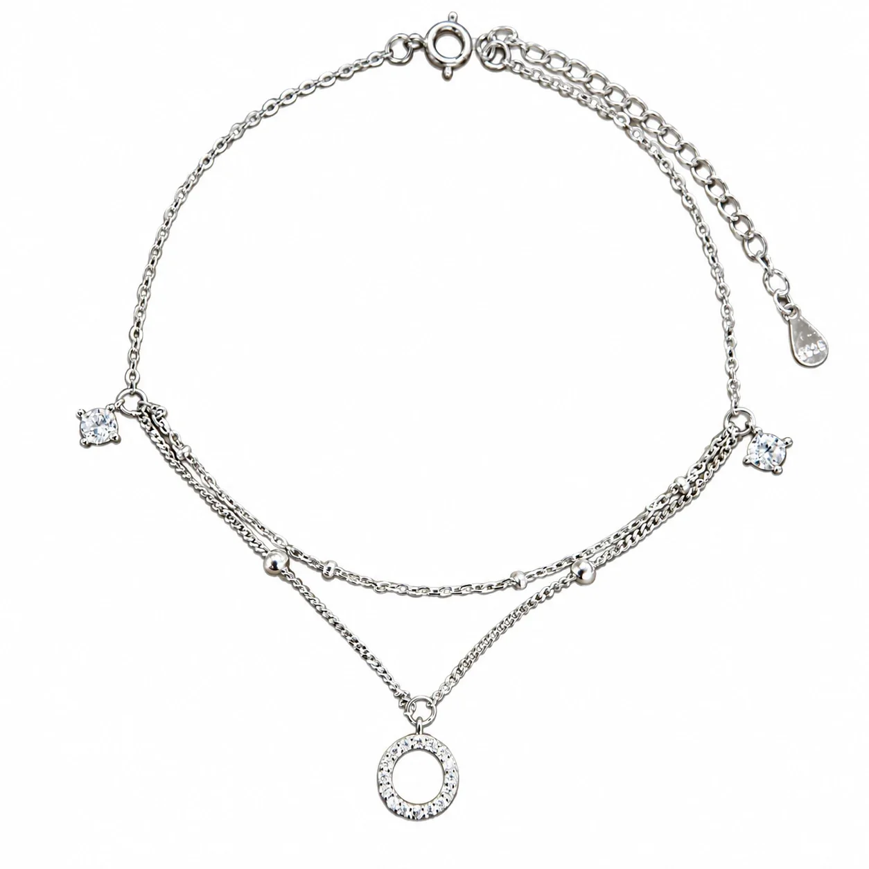 Delicate 925 Sterling Silver Double-Layer Halo Bead Anklet