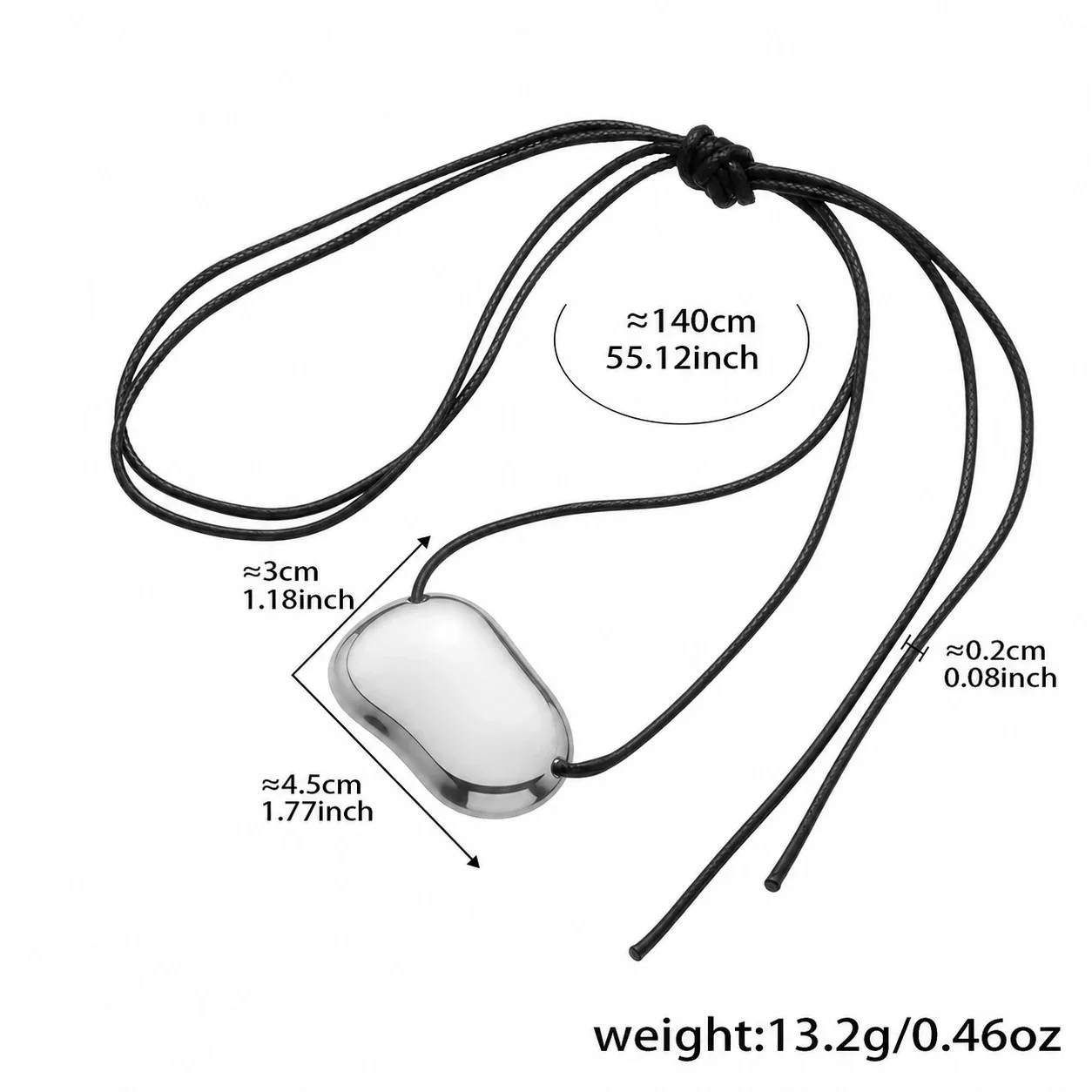 Molten Heart Pendant Black Cord Stainless Steel Necklace - Silver Oblong 140 cm