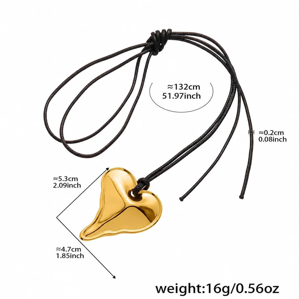 Molten Heart Pendant Black Cord Stainless Steel Necklace - Gold Large Heart 132 cm