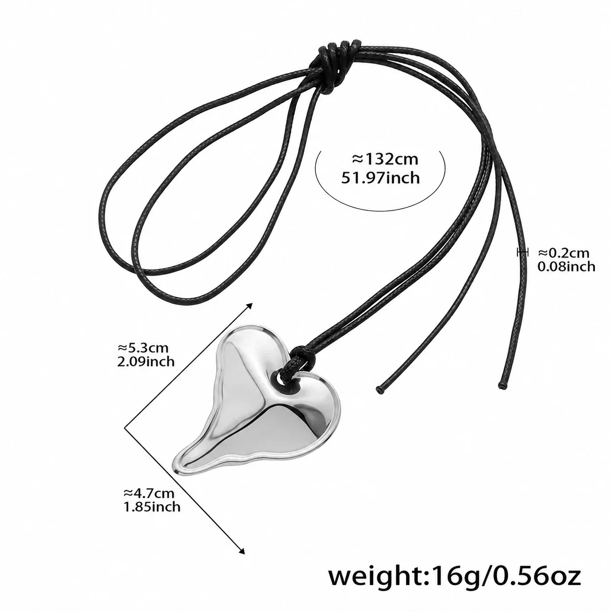 Molten Heart Pendant Black Cord Stainless Steel Necklace - Silver Large Heart 132 cm