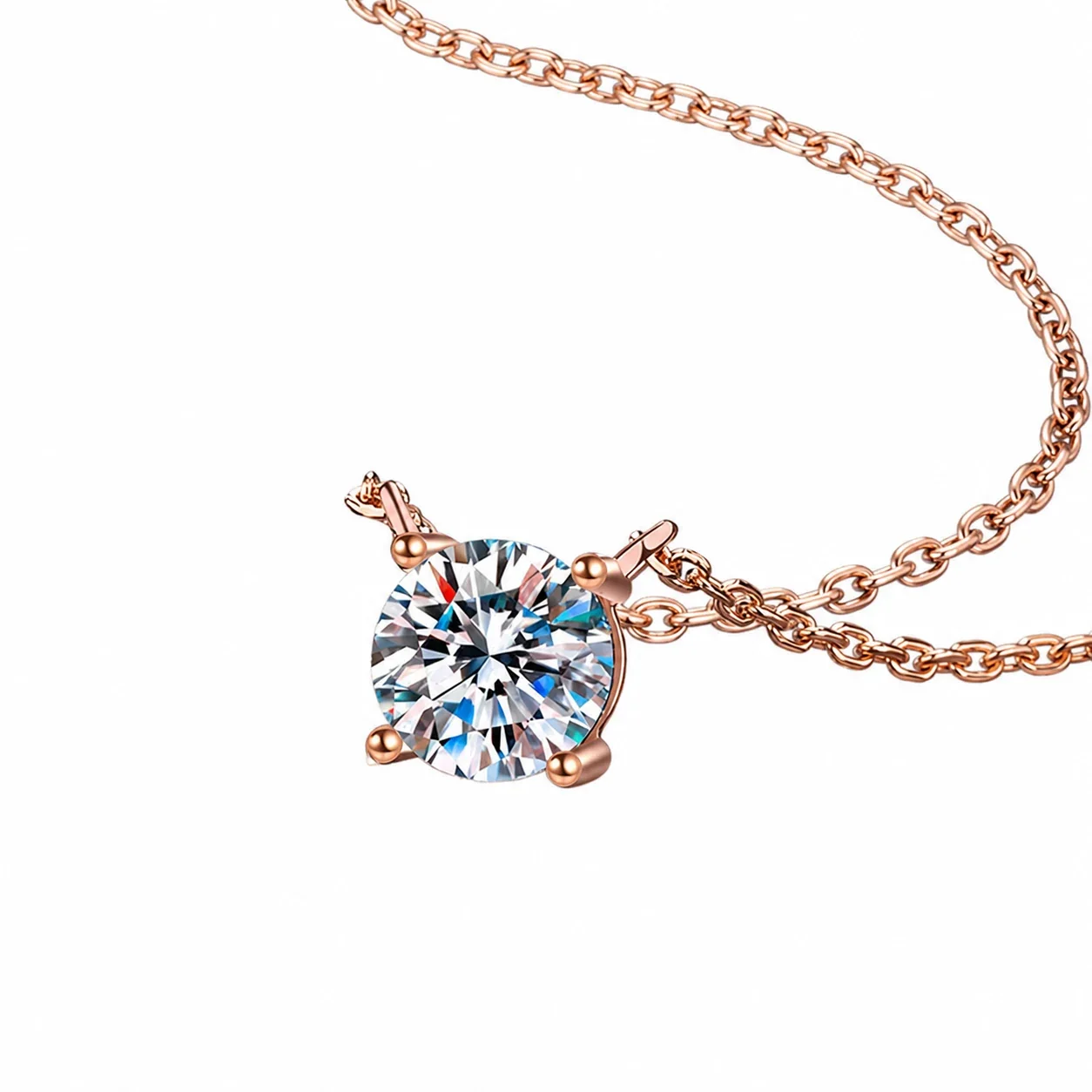 Luminous Round Four-Prong 925 Sterling Silver Pendant Necklace - Rose Gold Moissanite
