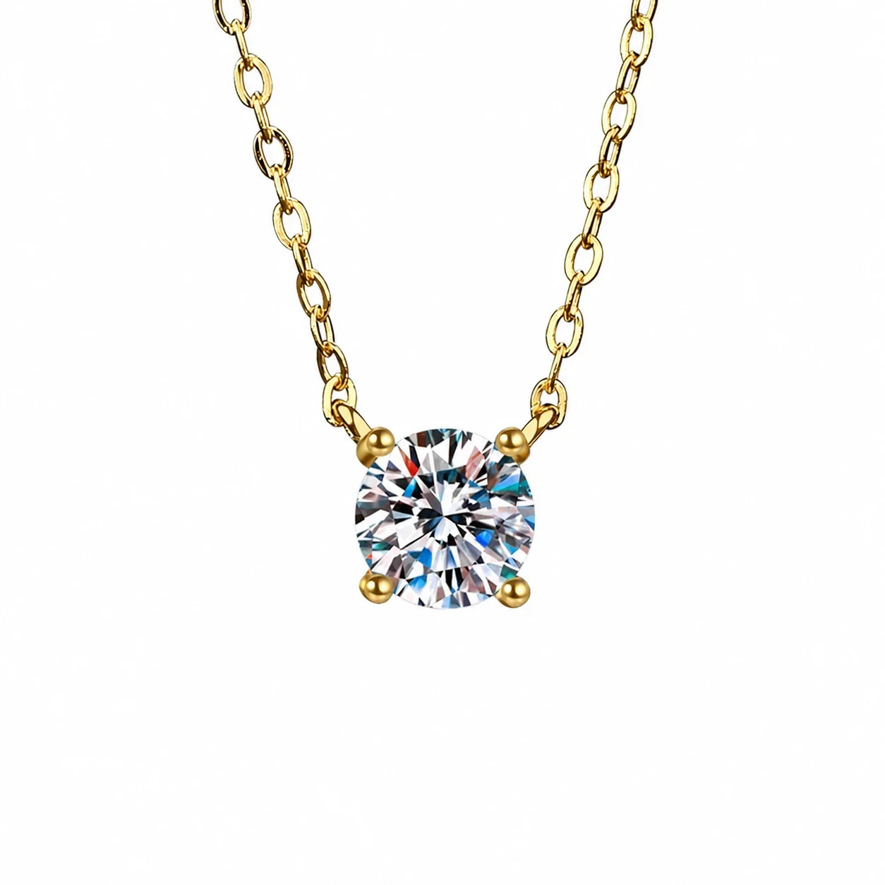 Luminous Round Four-Prong 925 Sterling Silver Pendant Necklace - Gold Moissanite