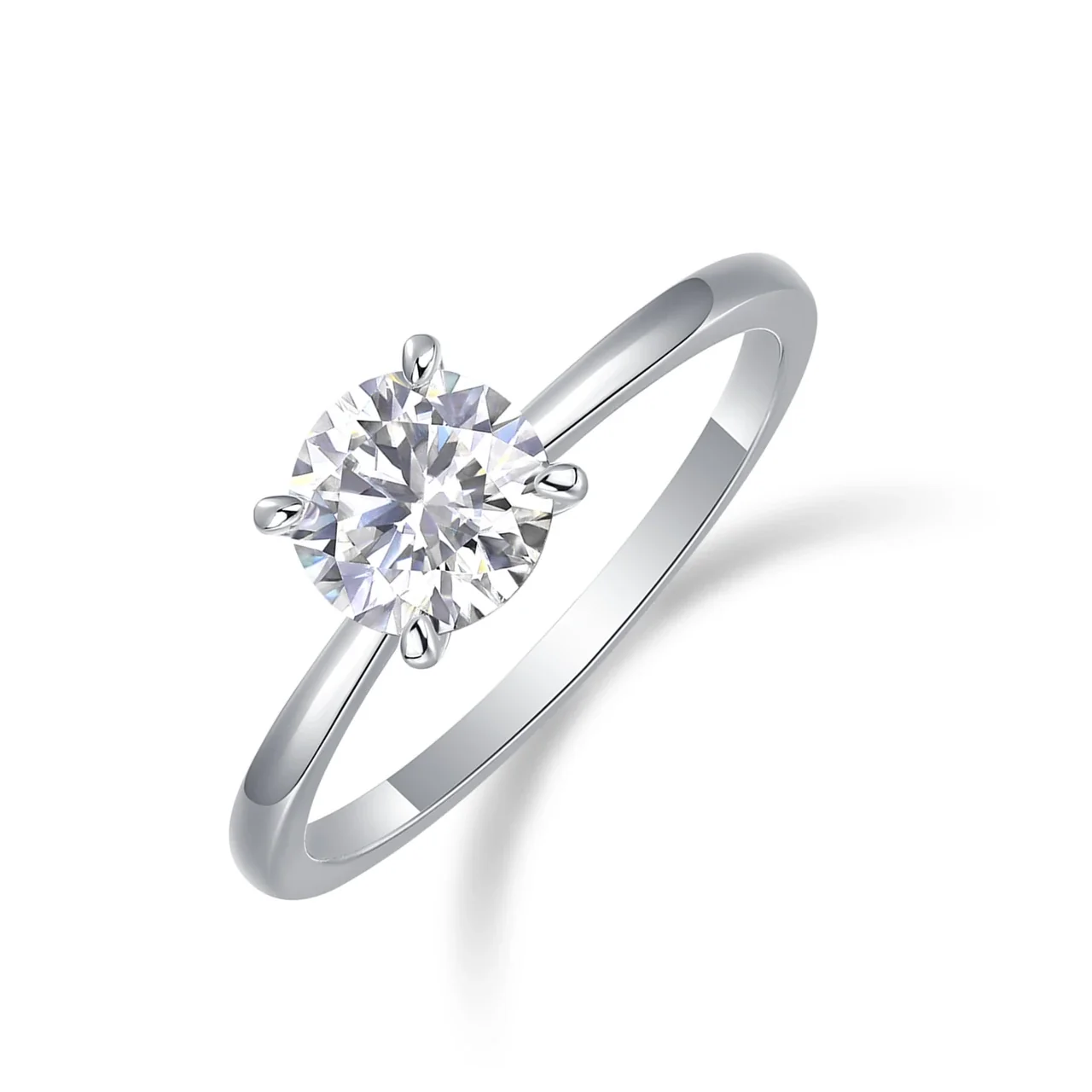 Minimalist 925 Sterling Silver Round Four-Prong Moissanite Solitaire Ring