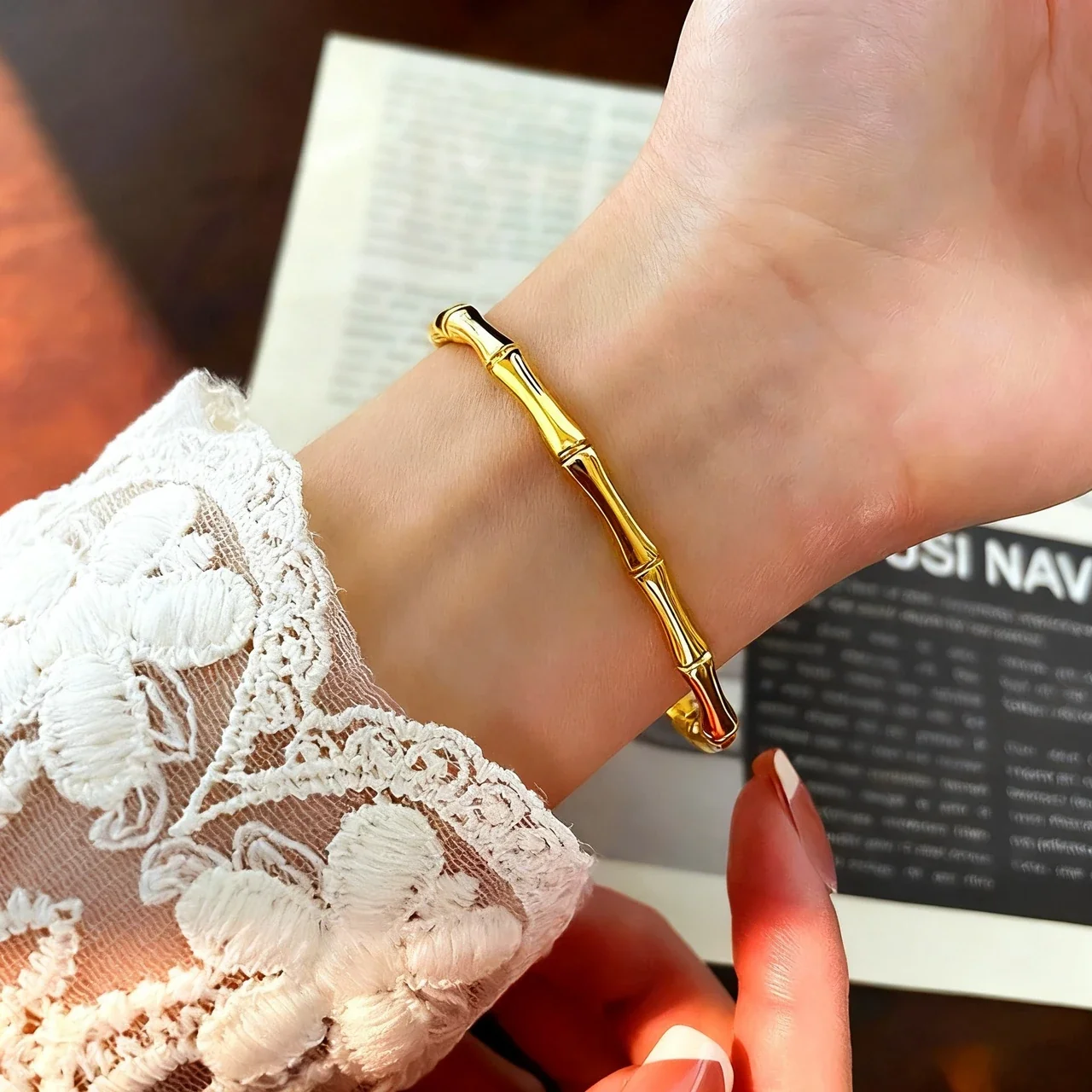 Sculptural Gold-Tone Bamboo Segment Stainless Steel Bangle