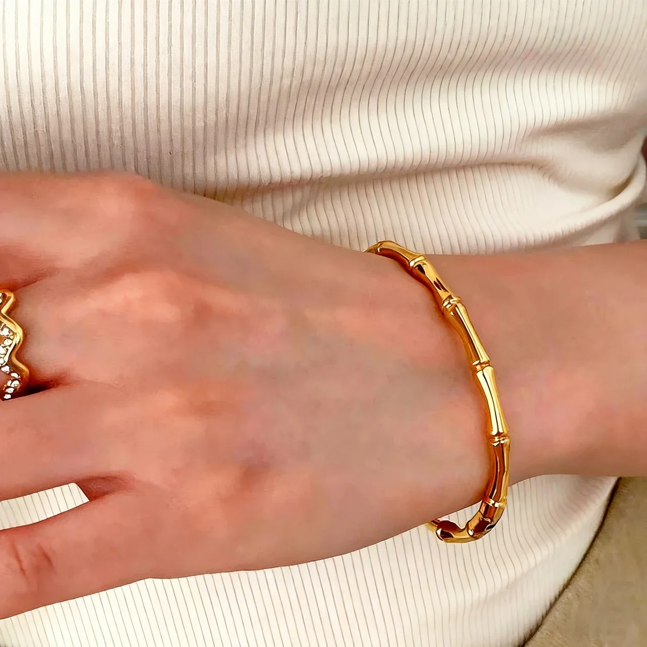 Sculptural Gold-Tone Bamboo Segment Stainless Steel Bangle