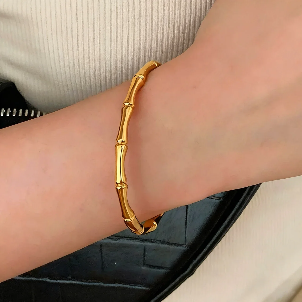 Sculptural Gold-Tone Bamboo Segment Stainless Steel Bangle