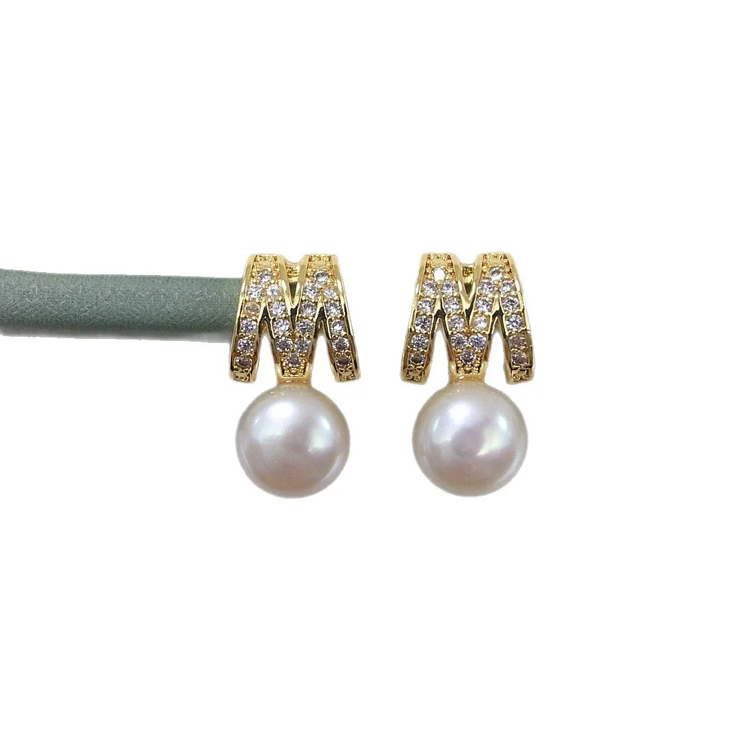 Pavé M Initial Freshwater Pearl Button Stud Earrings
