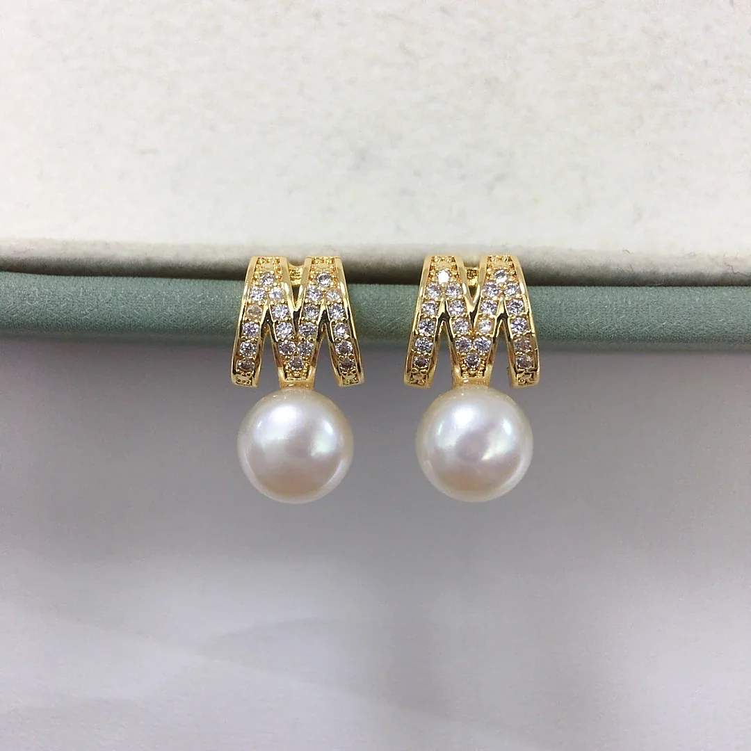 Pavé M Initial Freshwater Pearl Button Stud Earrings