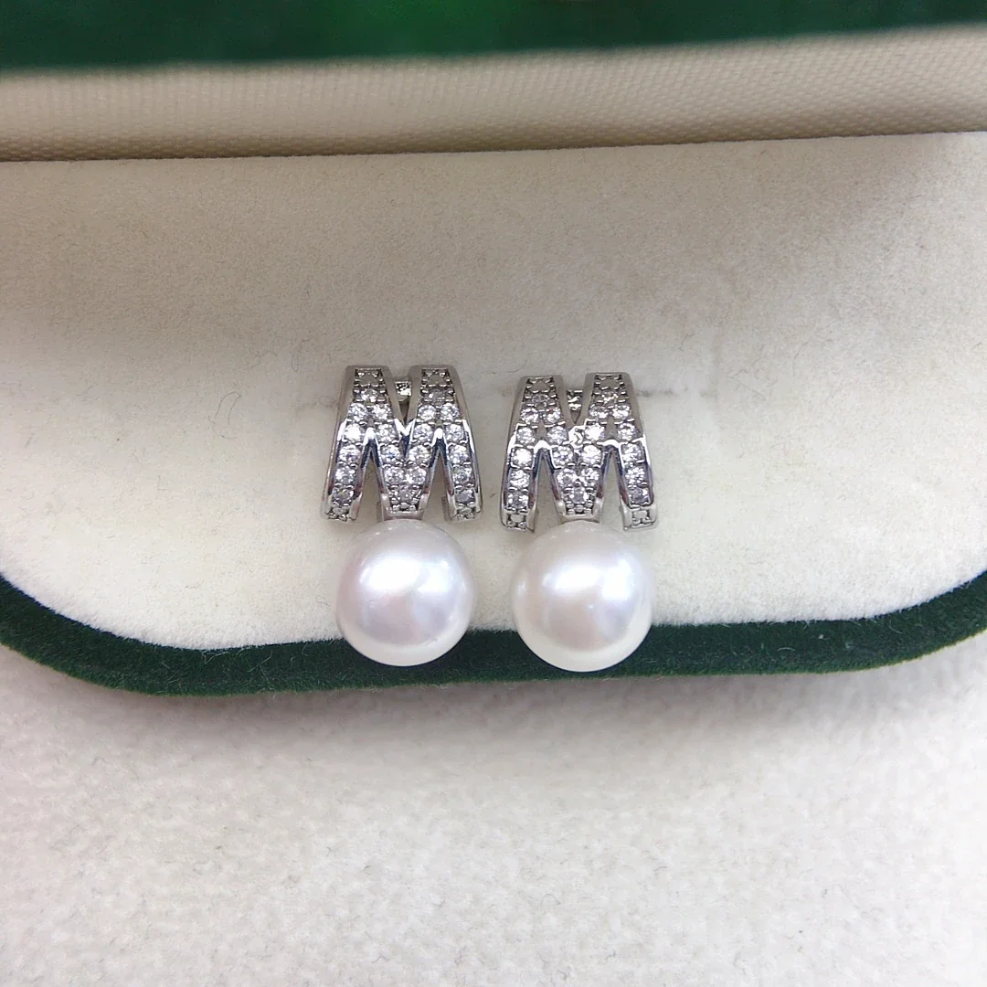 Pavé M Initial Freshwater Pearl Button Stud Earrings