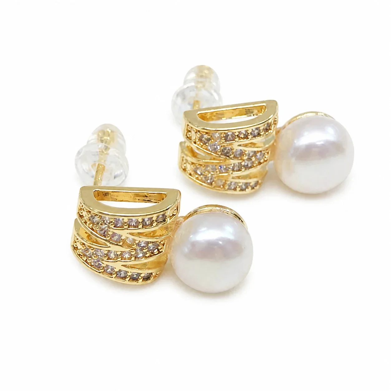 Pavé M Initial Freshwater Pearl Button Stud Earrings