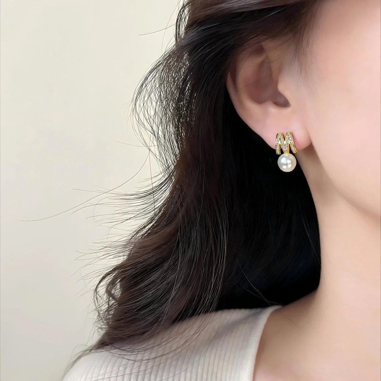 Pavé M Initial Freshwater Pearl Button Stud Earrings