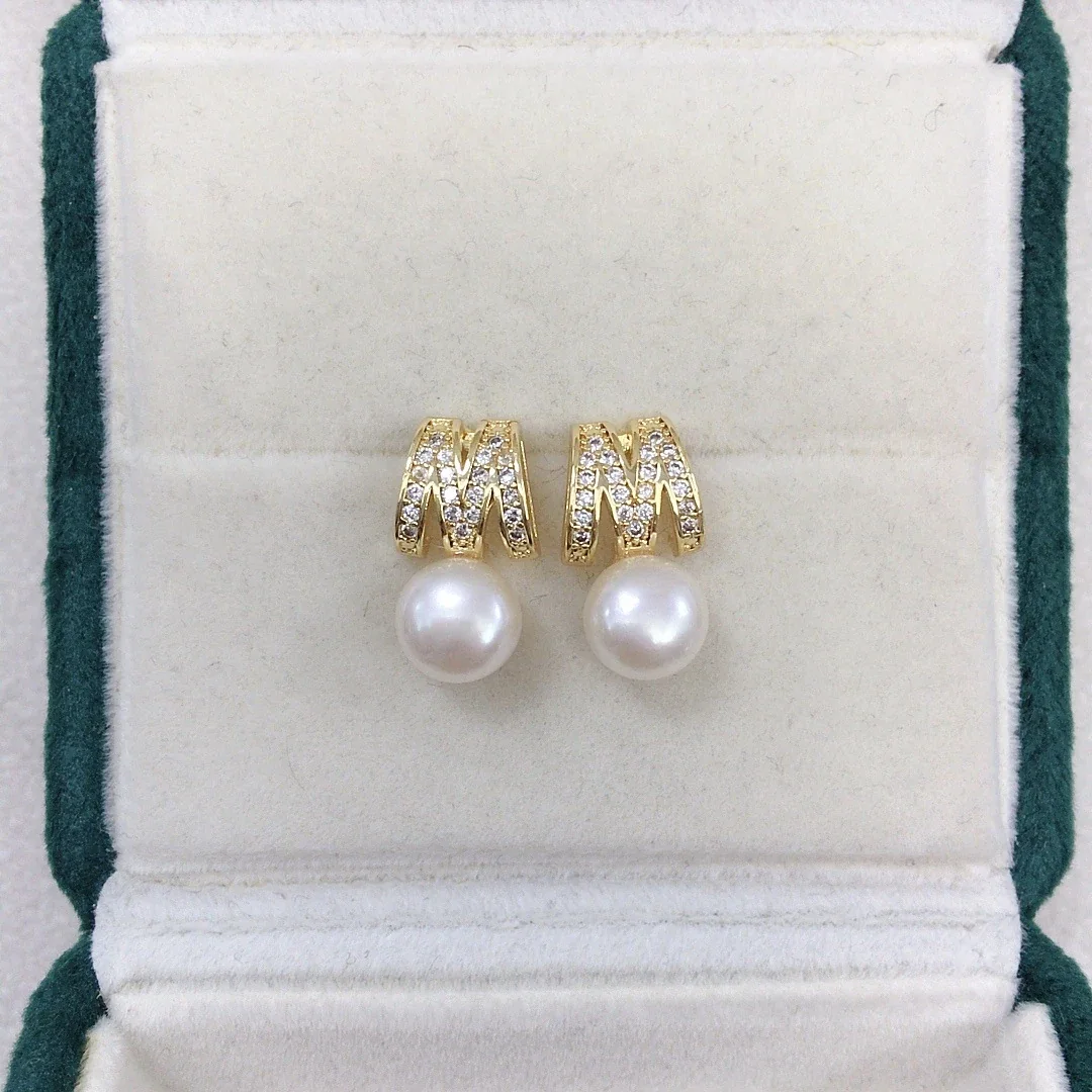 Pavé M Initial Freshwater Pearl Button Stud Earrings - Gold