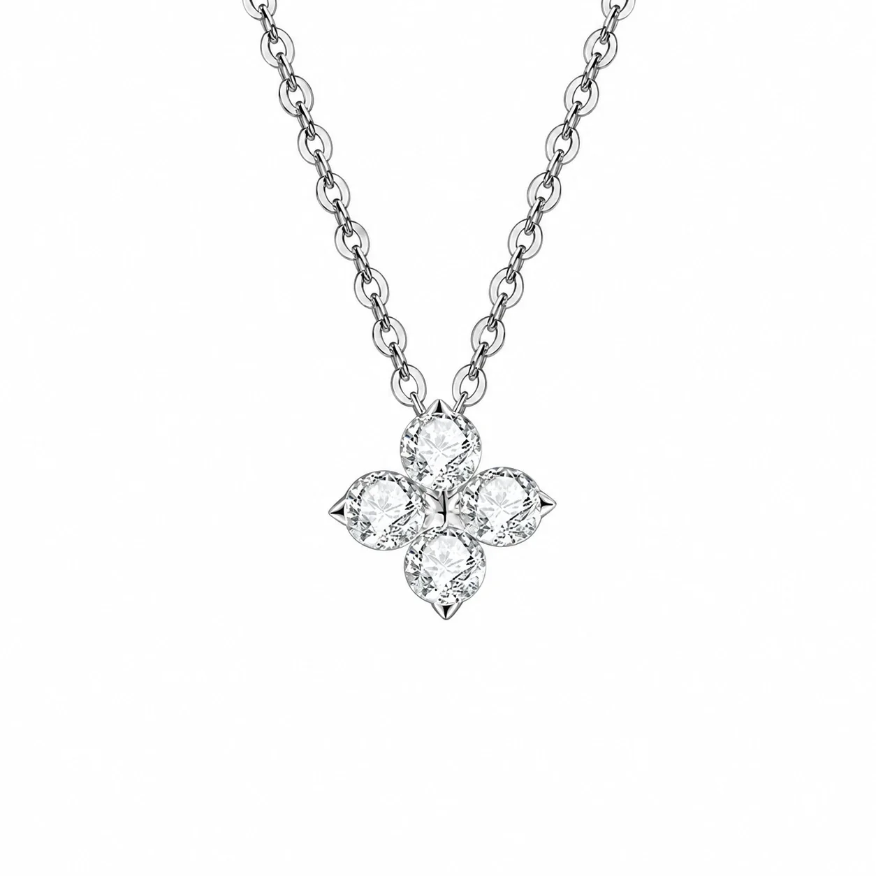 Polished 925 Sterling Silver Four-Round Moissanite Clover Necklace