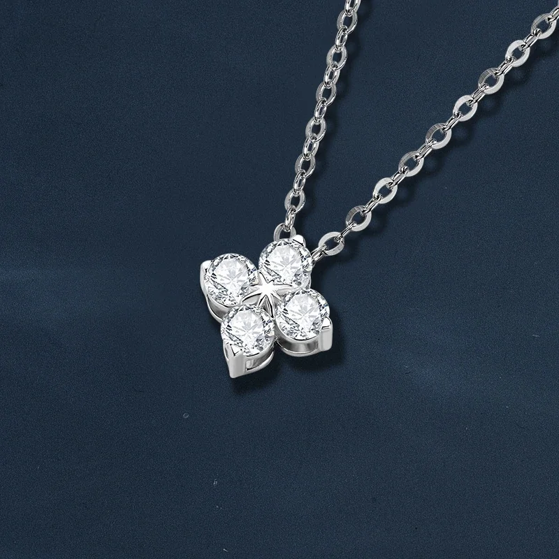 Polished 925 Sterling Silver Four-Round Moissanite Clover Necklace