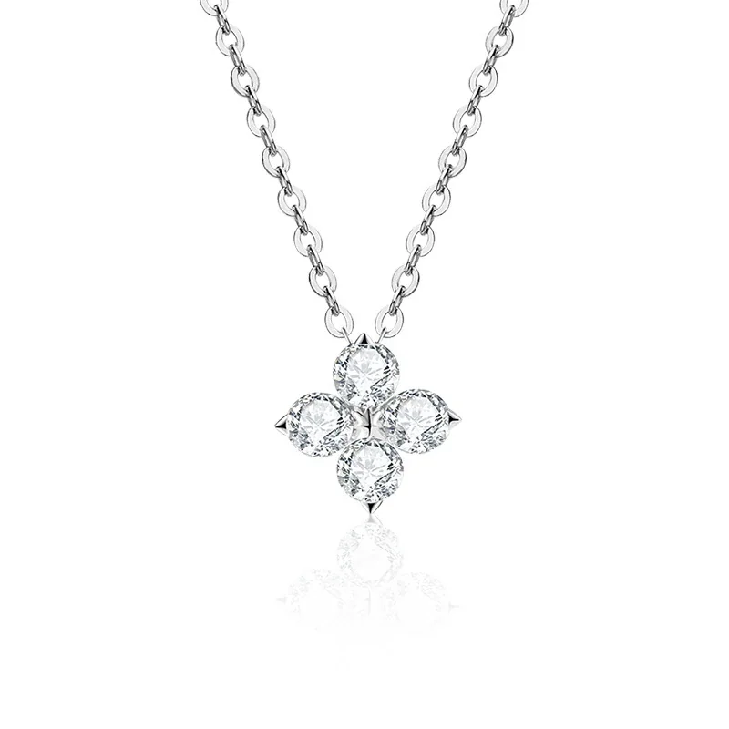 Polished 925 Sterling Silver Four-Round Moissanite Clover Necklace