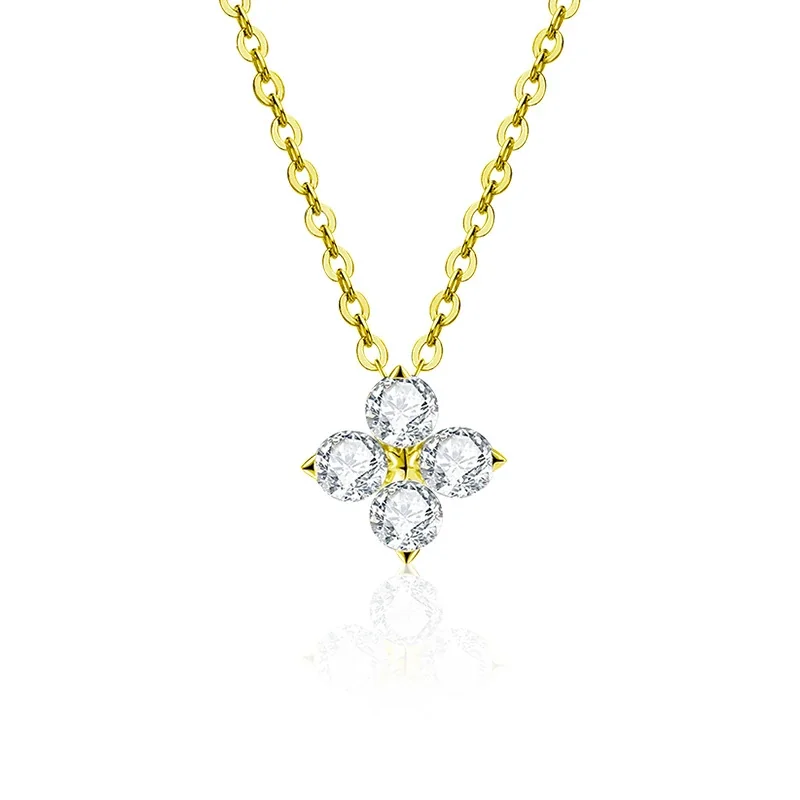 Polished 925 Sterling Silver Four-Round Moissanite Clover Necklace - Gold