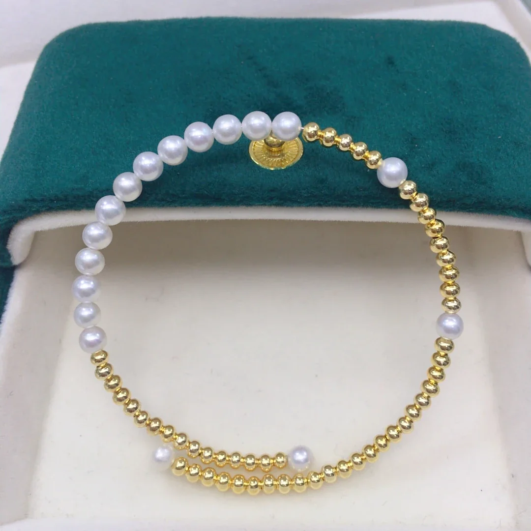 Delicate Gold-Plated Bead Freshwater Pearl Bangle - Gold