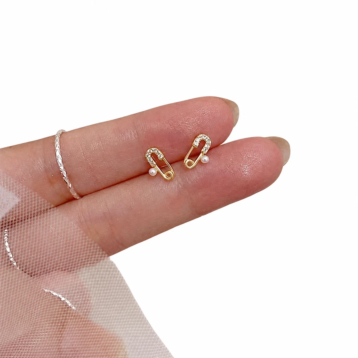 Petite Pearl Safety Pin Pavé Bead Stud Earrings