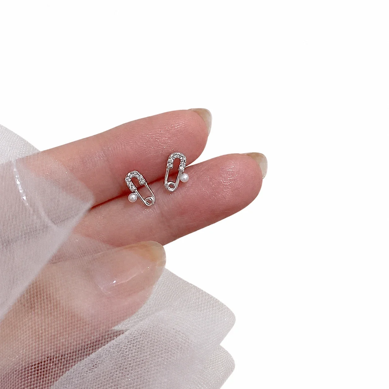 Petite Pearl Safety Pin Pavé Bead Stud Earrings