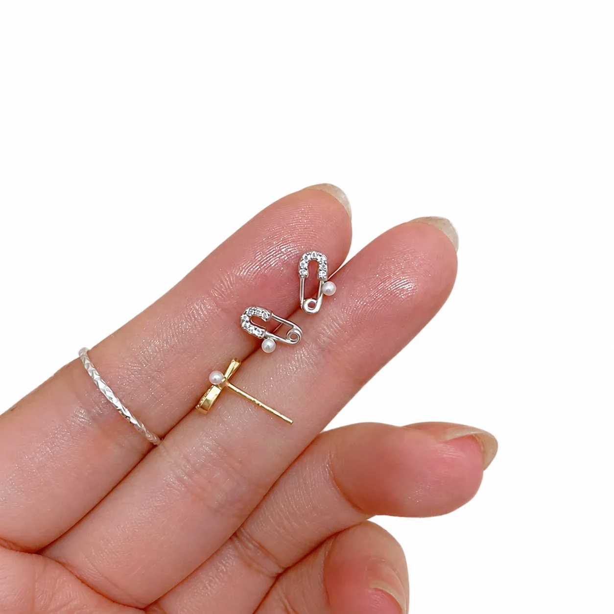 Petite Pearl Safety Pin Pavé Bead Stud Earrings