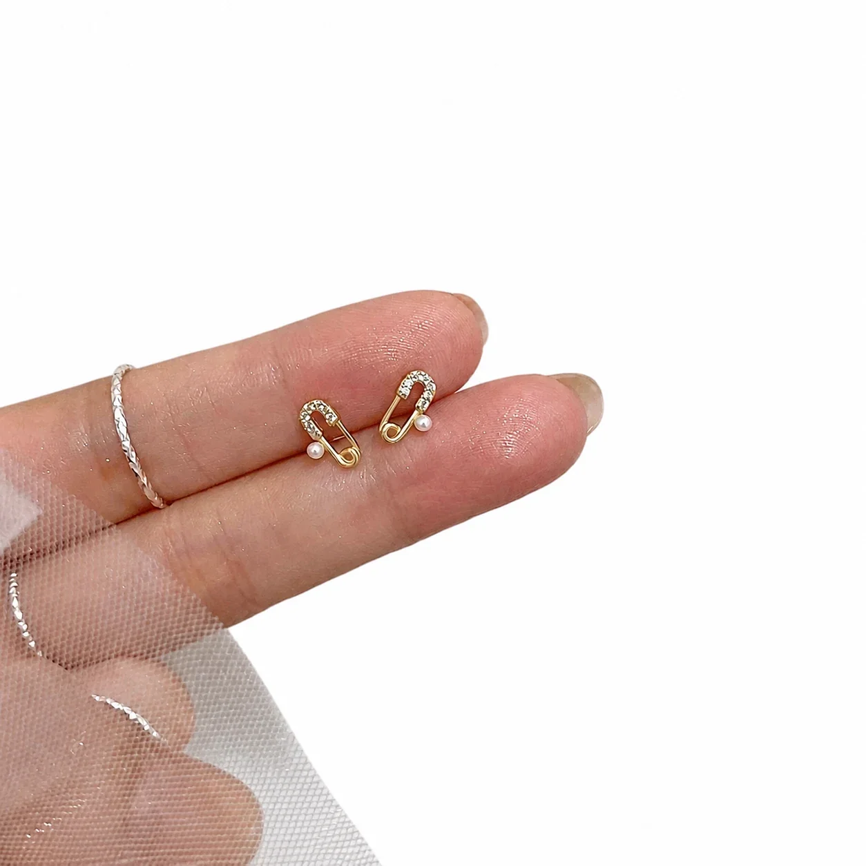 Petite Pearl Safety Pin Pavé Bead Stud Earrings - Gold