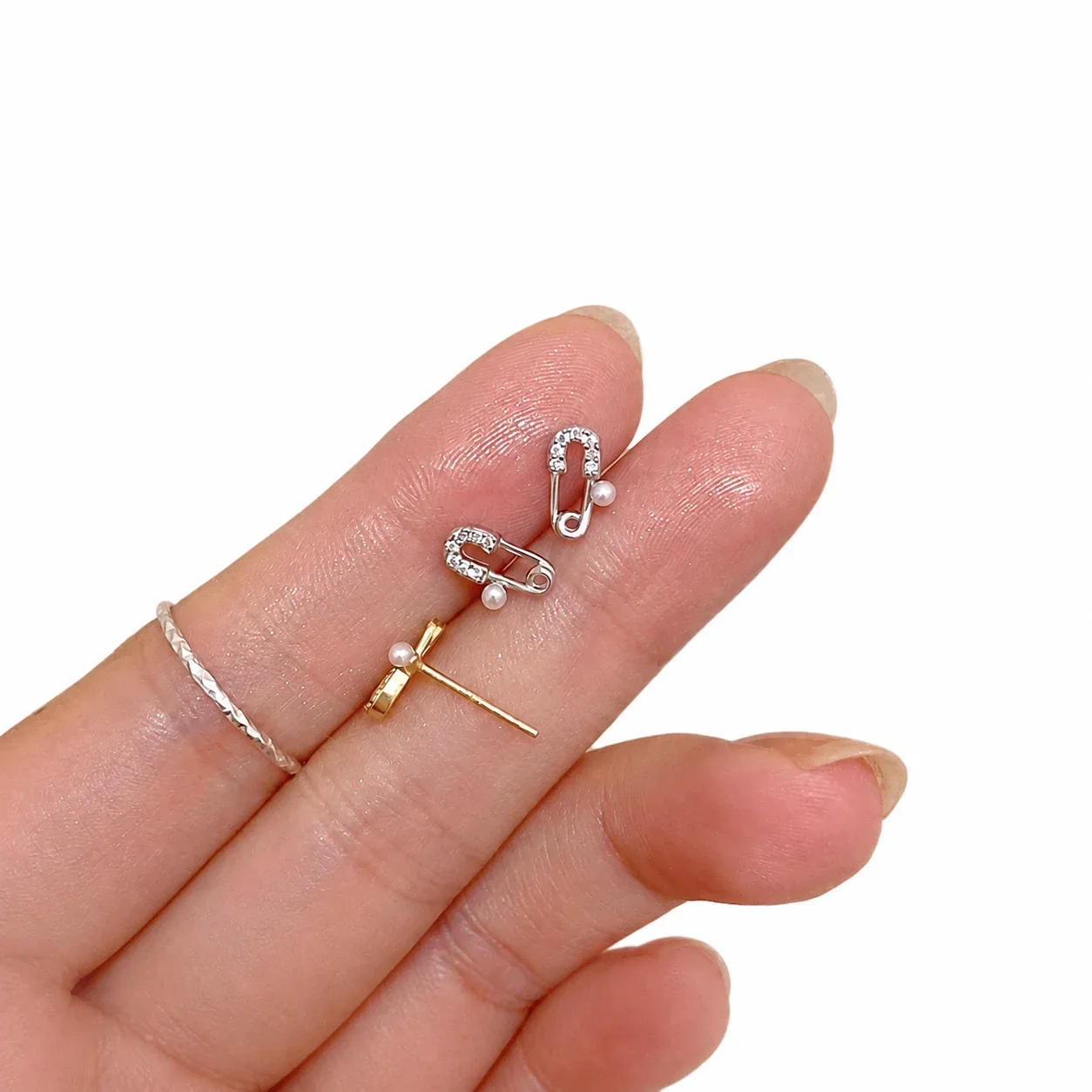 Petite Pearl Safety Pin Pavé Bead Stud Earrings - Silver