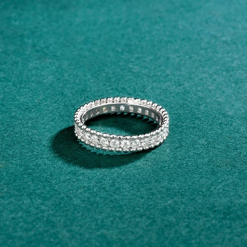 Beaded 925 Sterling Silver Round Moissanite Eternity Ring