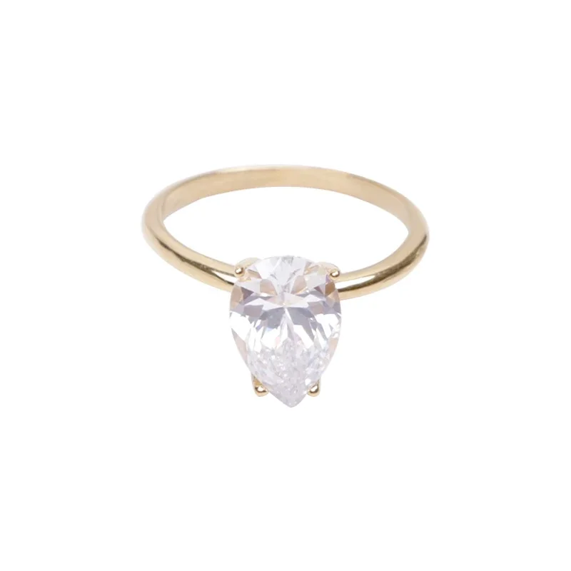 Refined Stainless Steel Pear-Cut CZ Four-Prong Ring