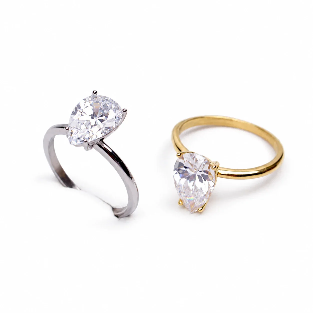 Refined Stainless Steel Pear-Cut CZ Four-Prong Ring