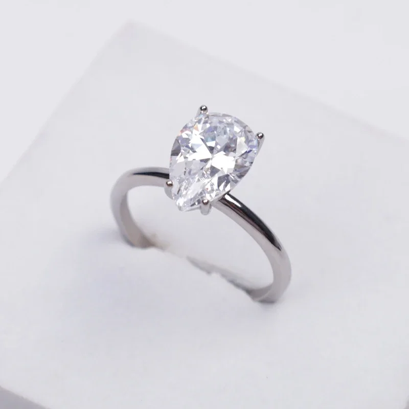 Refined Stainless Steel Pear-Cut CZ Four-Prong Ring - Silver