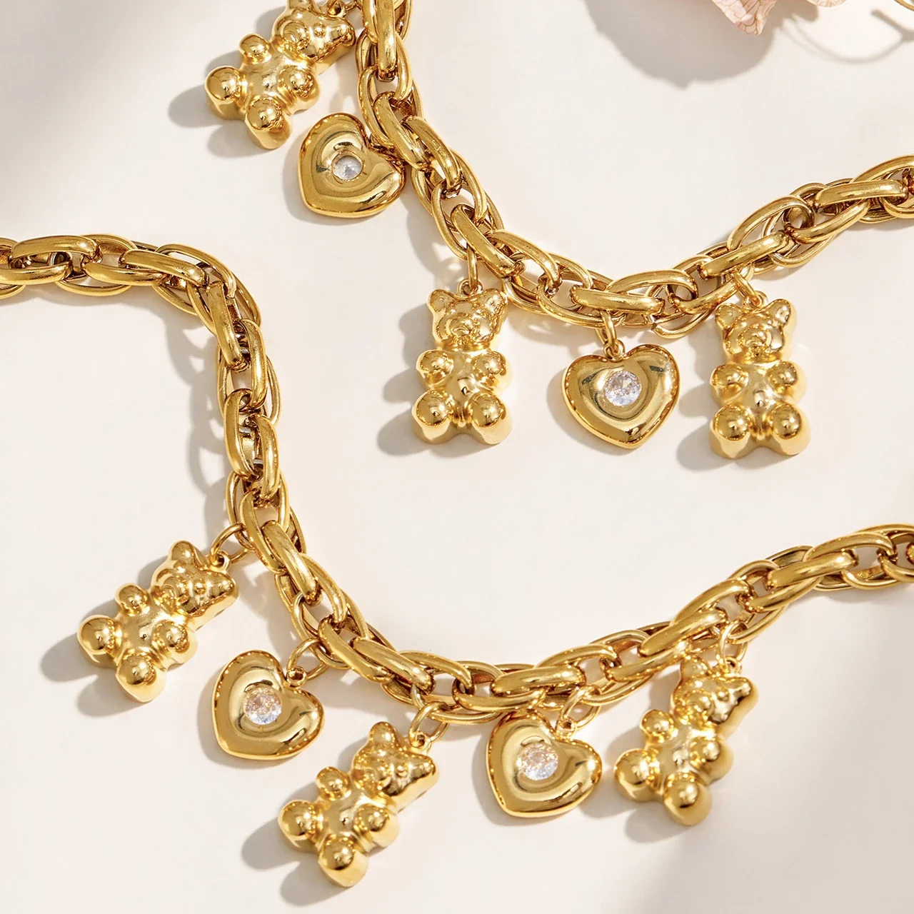 Playful Teddy Heart Stainless Steel Charm Necklace