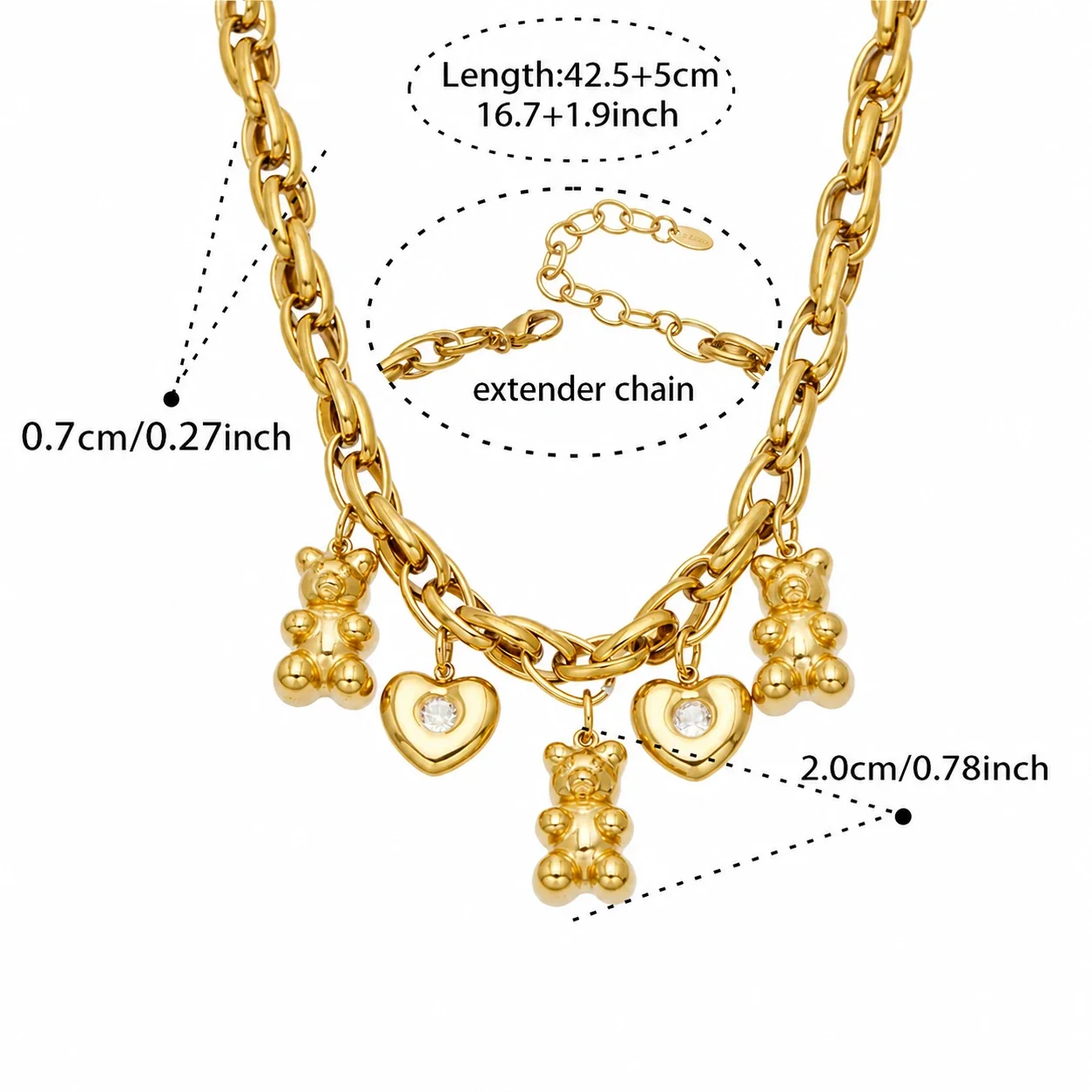 Playful Teddy Heart Stainless Steel Charm Necklace - Gold